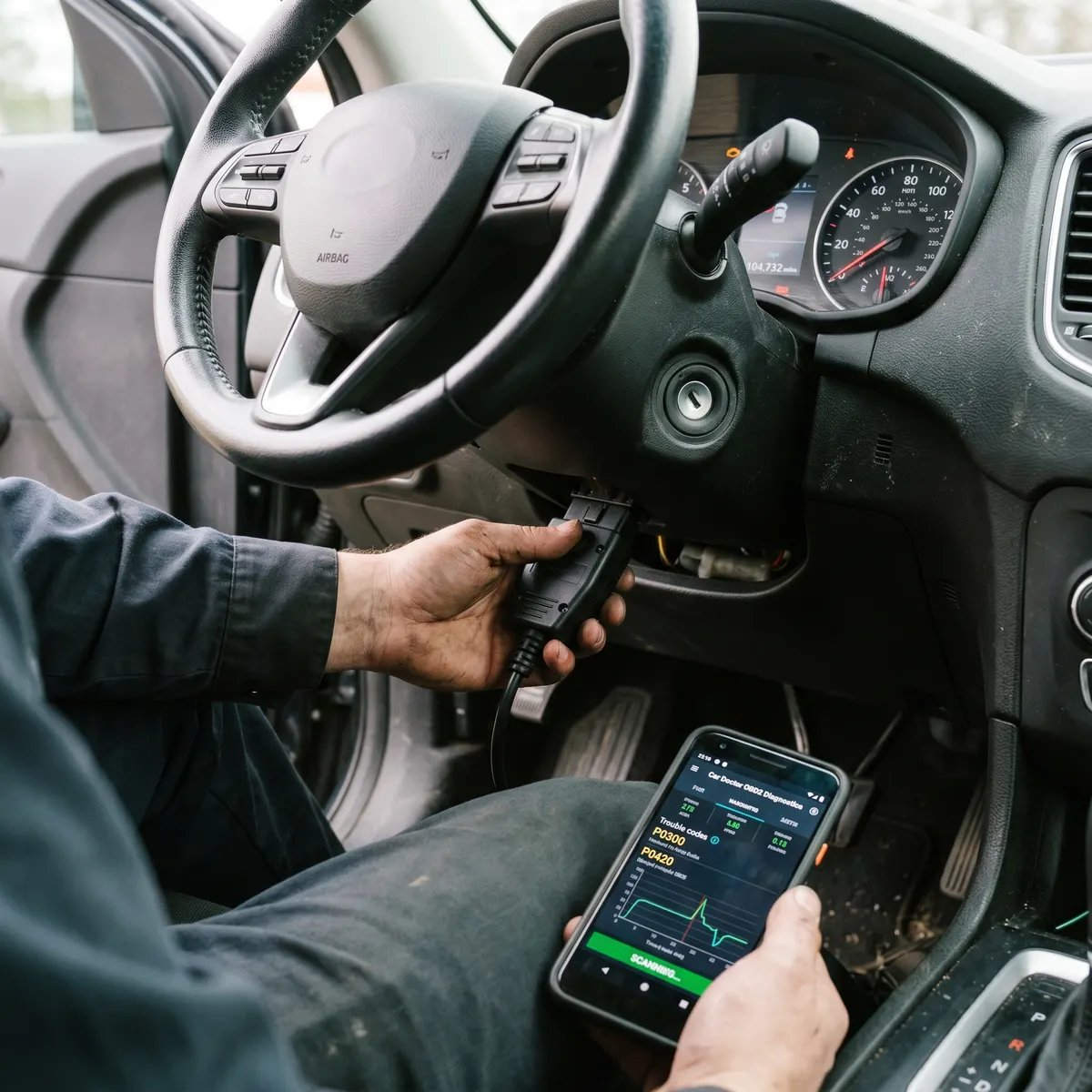 Диагностический сканер подключён к разъёму OBD под рулём автомобиля, на экране телефона показатели проверки
